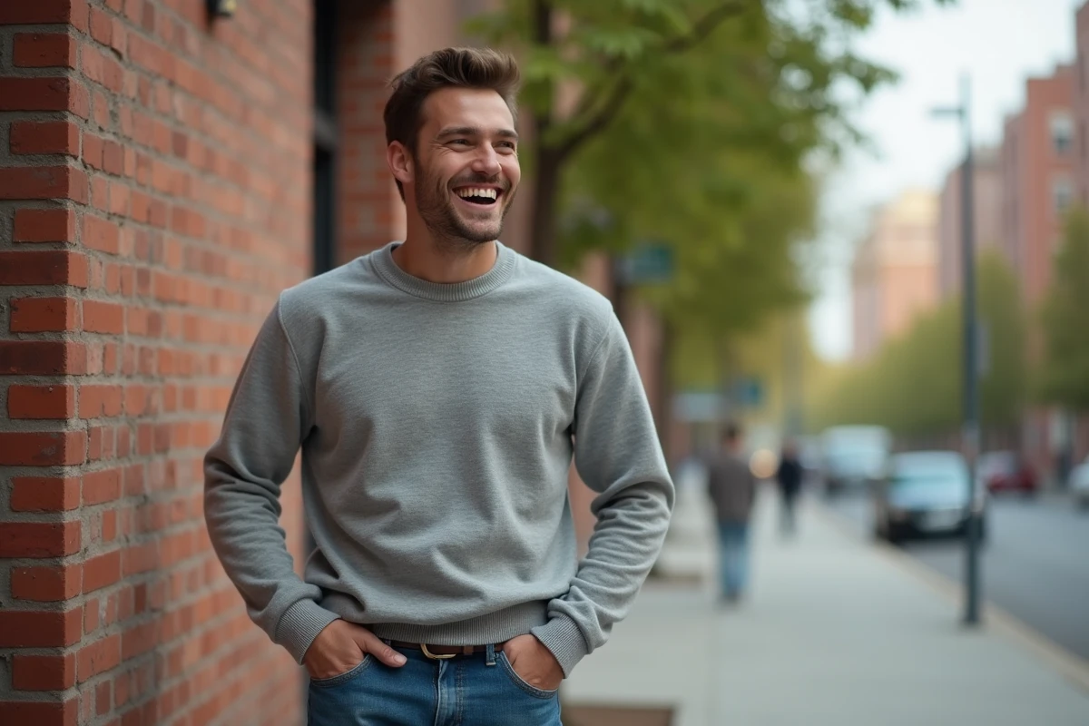 Jeune homme en extérieur souriant devant un mur de briques