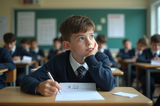Jeune garçon en uniforme scolaire tenant un examen noté 14/20