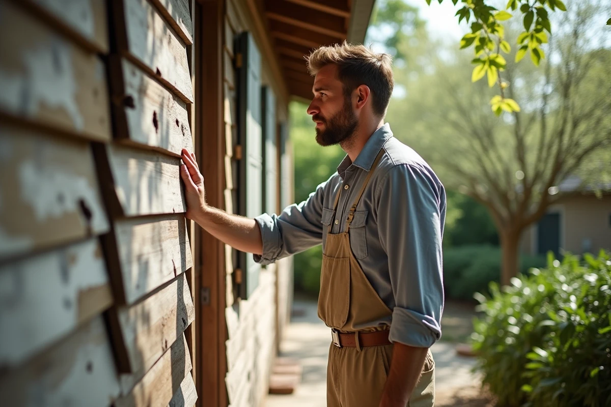 Jeune homme examinant le bois extérieur d