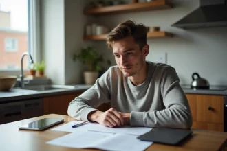 Jeune homme assis à la cuisine en train de lire des papiers