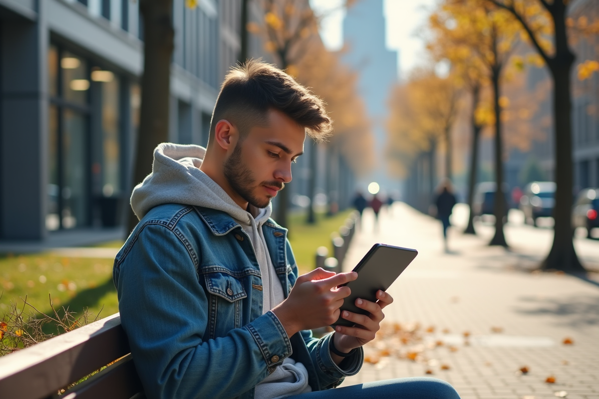 Jeune homme lisant un ebook sur une tablette dans un parc urbain