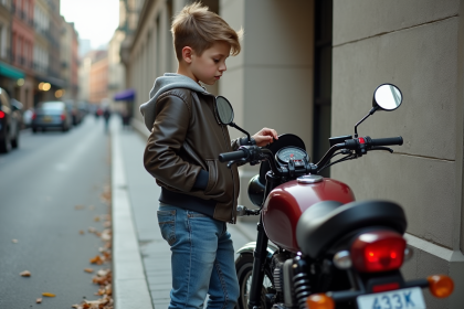 Jeune garçon examine le tableau de bord d'une moto 50cc en ville