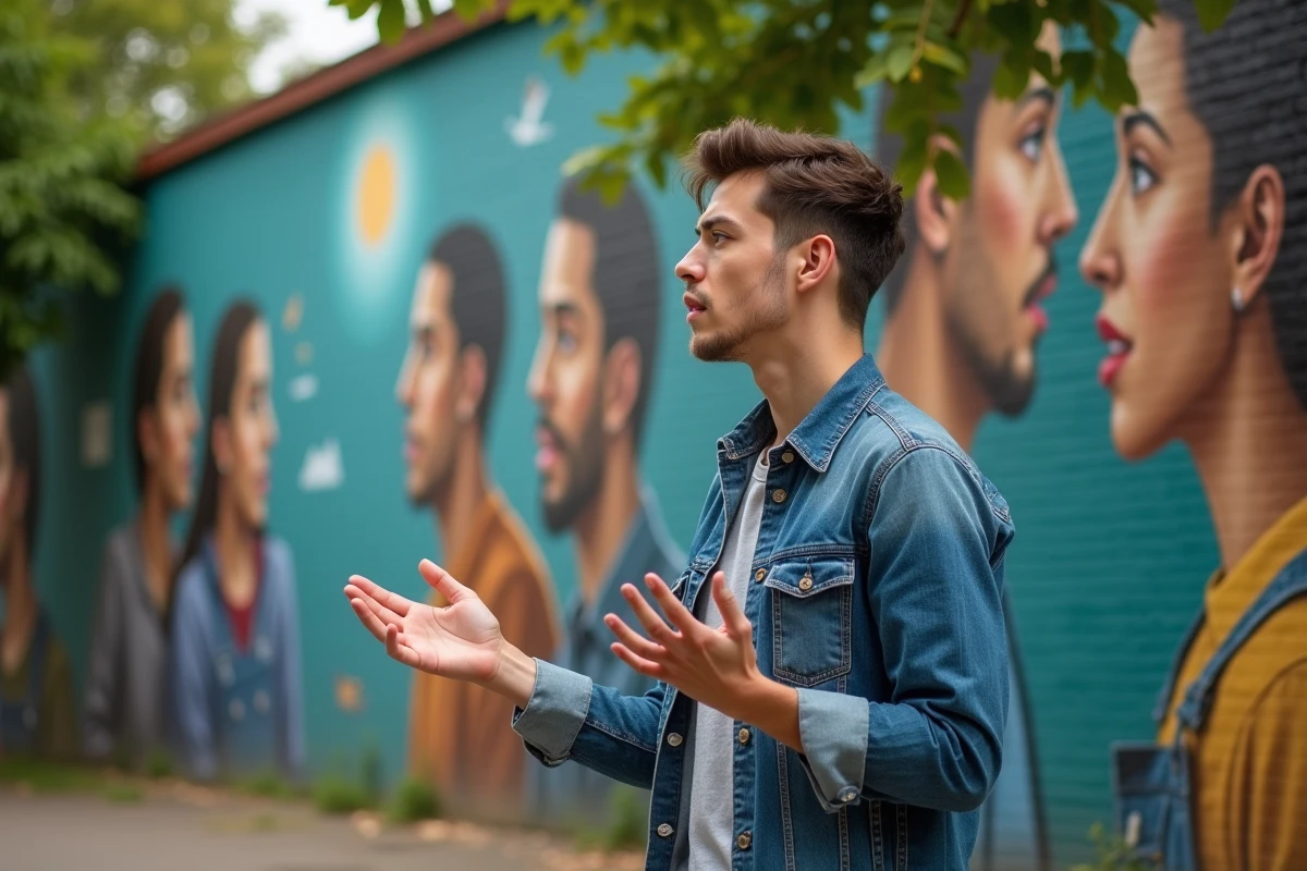 Jeune homme contemple un mural dans un parc
