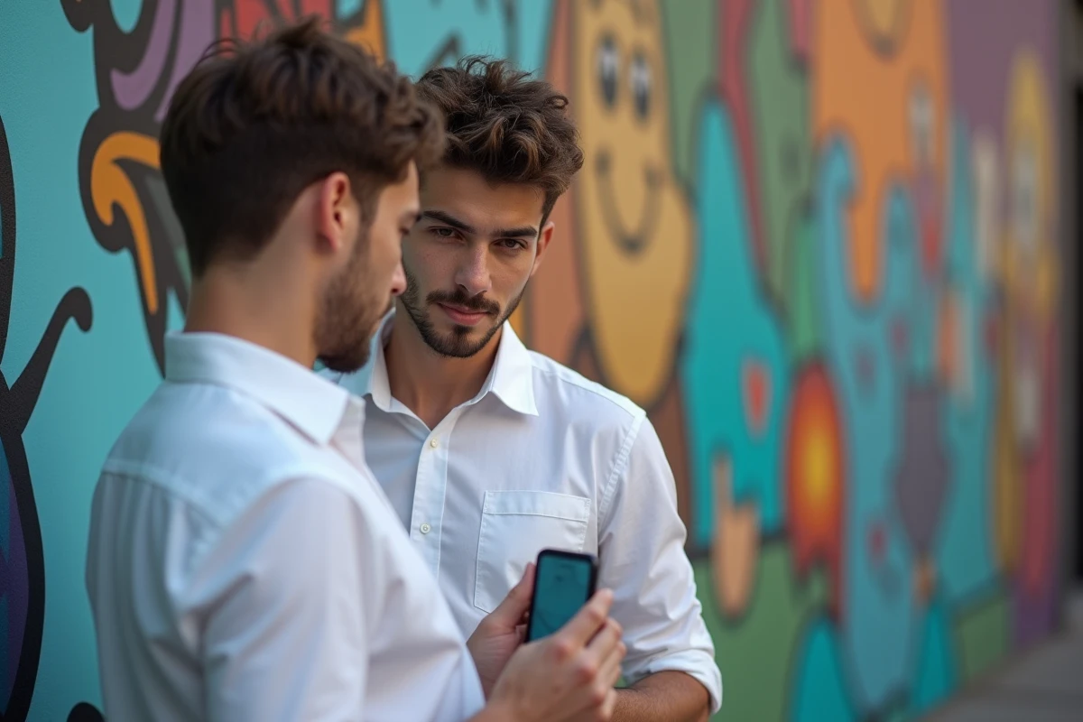 Jeune homme regardant son reflet devant des murs colorés