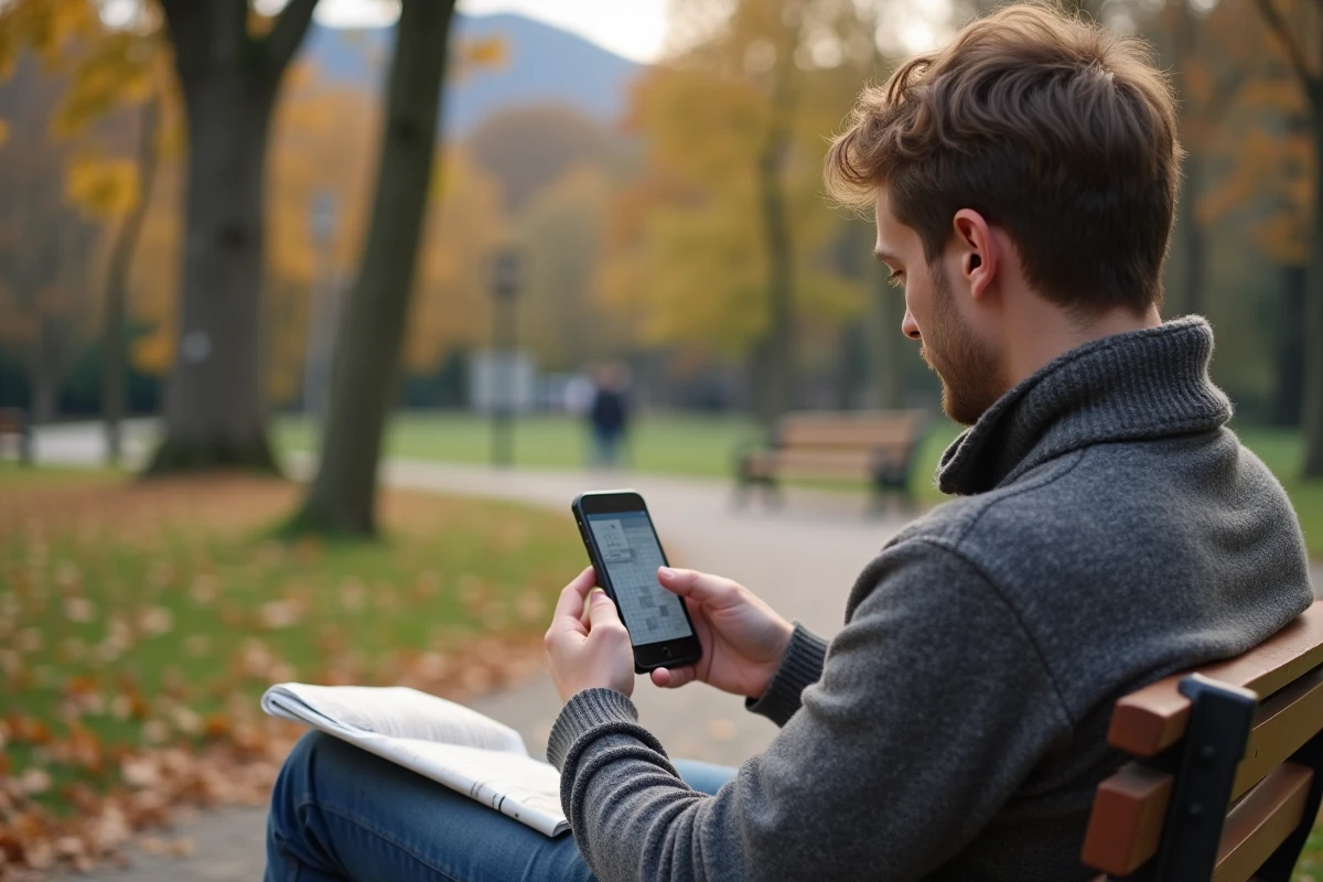 Jeune homme cherchant des cantons suisses sur son téléphone au parc