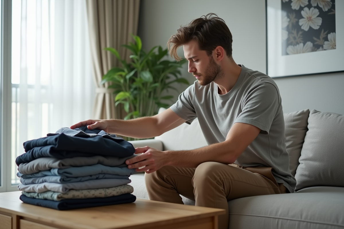 Jeune homme arrangeant ses vêtements dans le salon