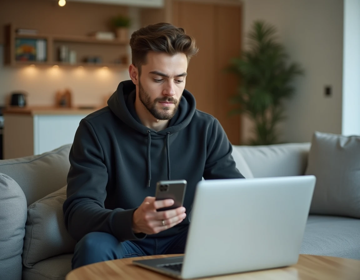 Jeune homme vérifiant le numéro de téléphone de Pôle emploi sur ordinateur et mobile depuis chez lui