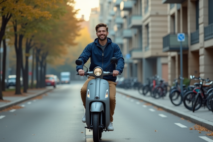 Jeune homme en scooter urbain en mouvement dans la ville