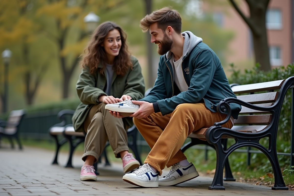Jeune homme montrant ses sneakers vintage au parc