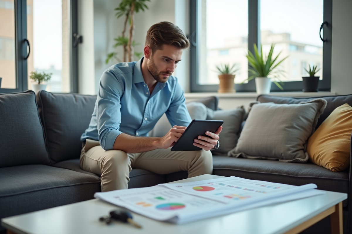 Jeune homme utilisant une tablette pour des infos immobilières