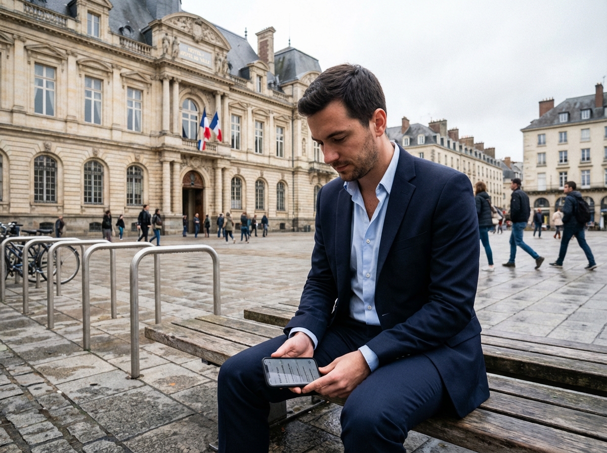 Jeune homme en costume regardant des offres d