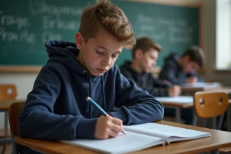 Jeune garçon en classe écrivant en français concentré