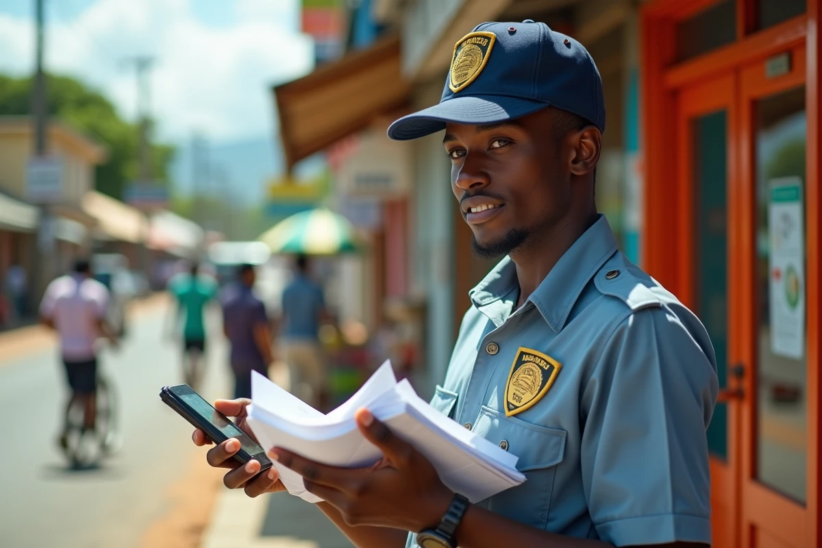 Jeune postier mauricien dans une rue animée