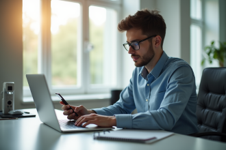 Jeune professionnel utilisant une application bancaire digitale sur un ordinateur et smartphone