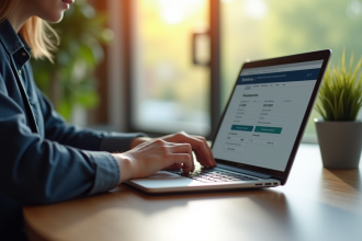 Jeune professionnel utilisant la banque en ligne sur un ordinateur portable
