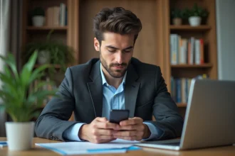 Jeune homme professionnel en bureau avec smartphone
