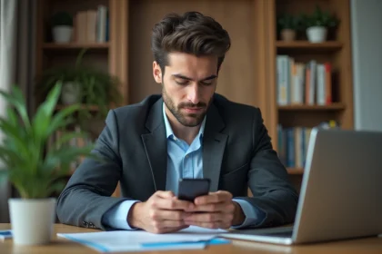 Jeune homme professionnel en bureau avec smartphone