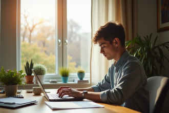 Jeune professionnel travaillant sur un ordinateur dans un bureau lumineux