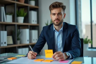 Jeune homme en costume bleu arrangeant des notes financières