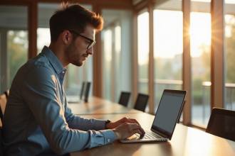 Jeune professionnel utilisant un ordinateur portable dans un espace de coworking lumineux