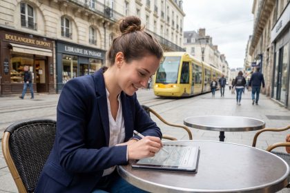 Jeune femme professionnelle à Nantes consulte des esquisses web