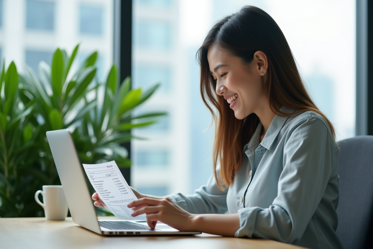 Jeune professionnelle vérifiant sa fiche de paie dans un bureau lumineux