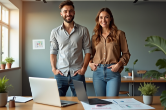 Deux jeunes entrepreneurs dans un bureau lumineux et moderne