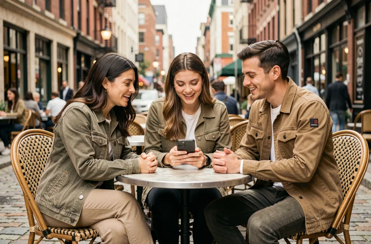 Groupe de jeunes professionnels discutant des offres de mutuelle santé autour d'un café en terrasse urbaine