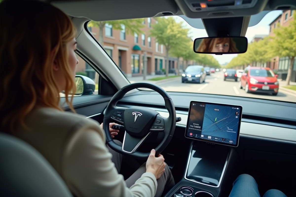 Jeunes professionnels inspectant une voiture électrique en ville