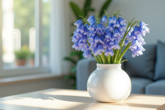 Fleur de jonquille bleue dans un vase blanc minimaliste