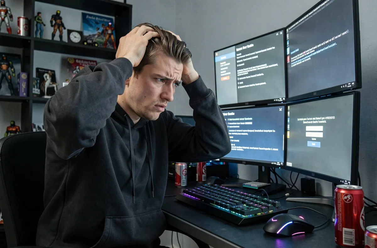 Joueur frustré devant des erreurs de connexion sur Dofus avec plusieurs écrans affichant des messages d'erreur