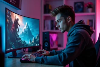 Joueur immergé dans un MMO classique sur son PC de bureau avec écran incurvé ultrawide