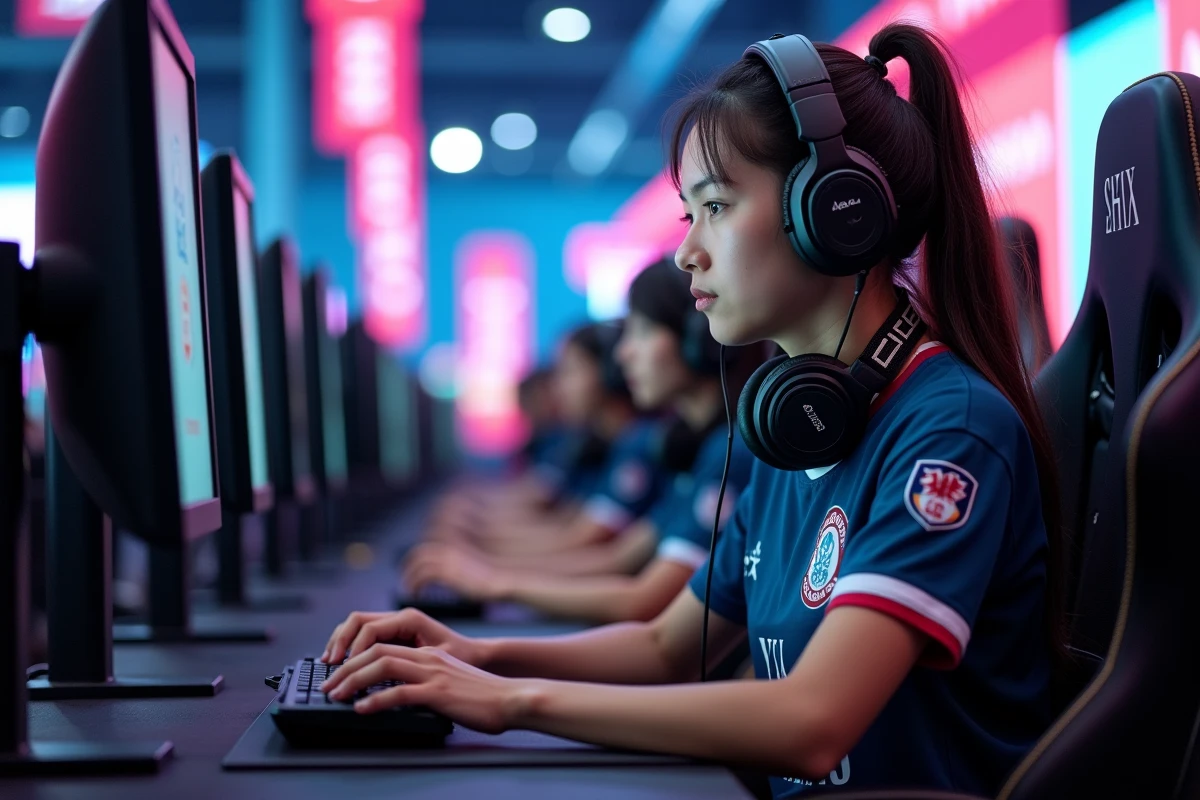 Joueuse professionnelle en compétition esports dans une arène de tournoi avec équipement gaming haut de gamme