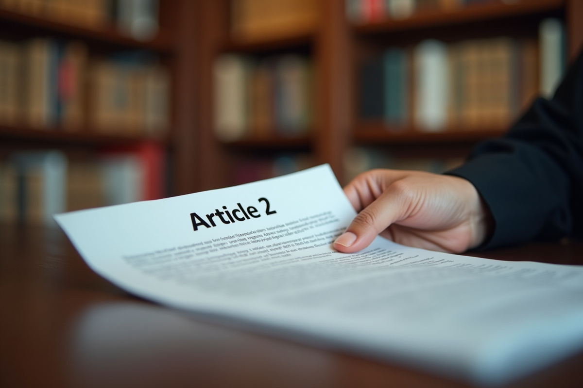 Main de juge tenant document legal avec article 2 mis en valeur