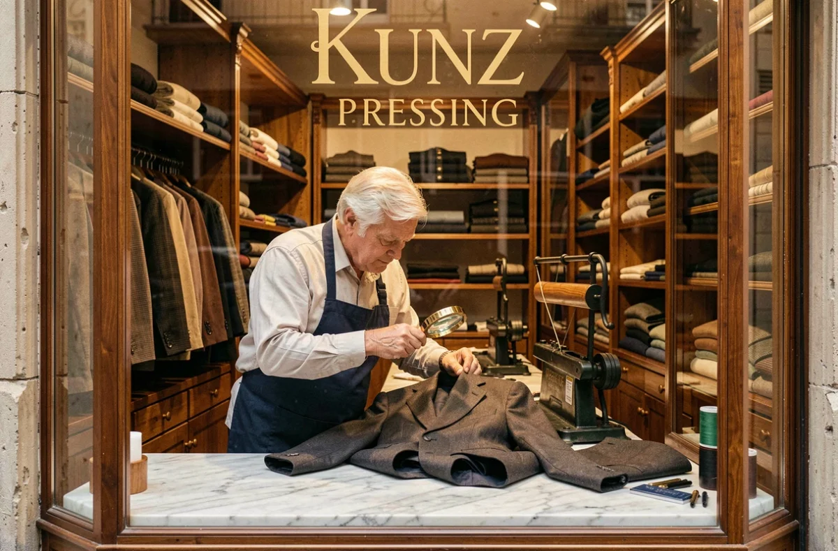 Maître pressier de Kunz Pressing Marseille Castellane inspectant un veston en laine sous une loupe