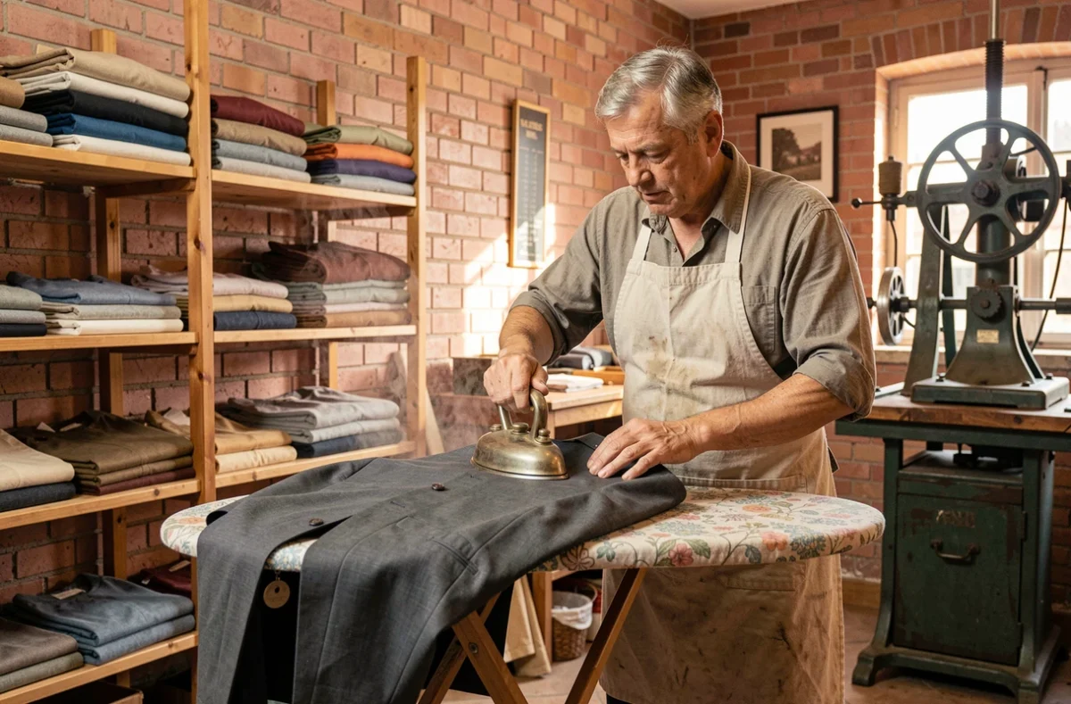 Artisan pressing à Toulouse repassant soigneusement une veste sur une planche à repasser vintage à La Grande Lessive