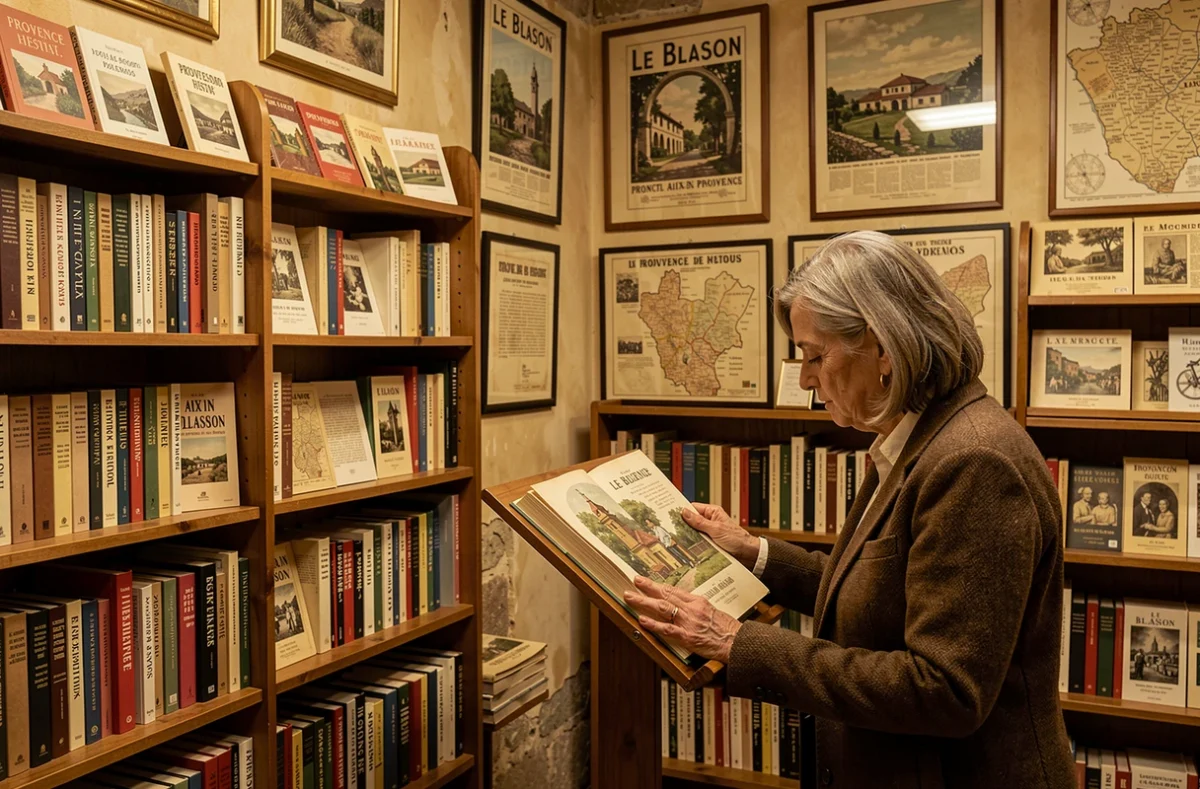 La librairie Le Blason à Aix-en-Provence spécialisée en régionalisme provençal avec des livres et affiches vintage