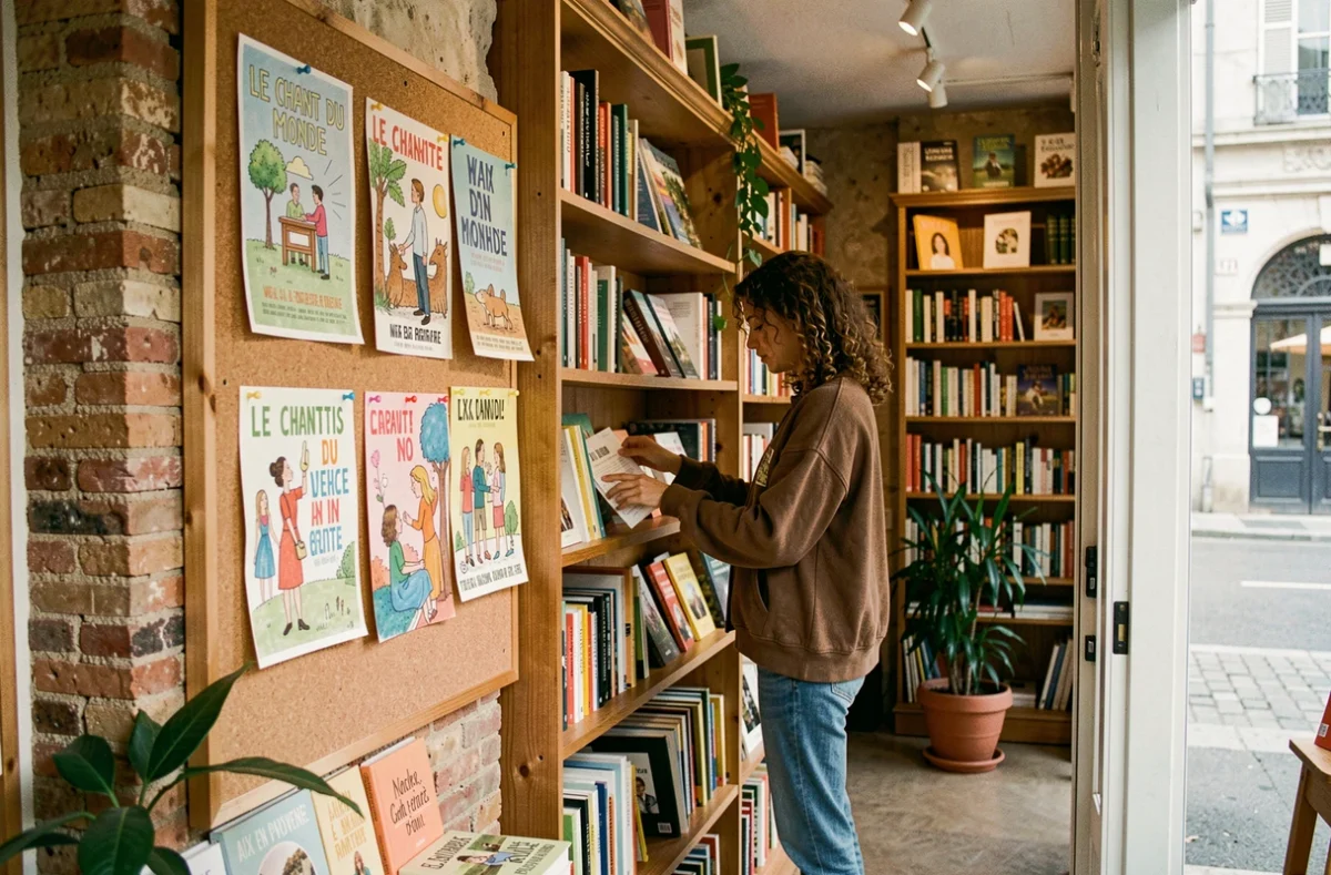 La librairie Le Chant du Monde à Aix-en-Provence avec une libraire rangeant des livres dans une ambiance chaleureuse