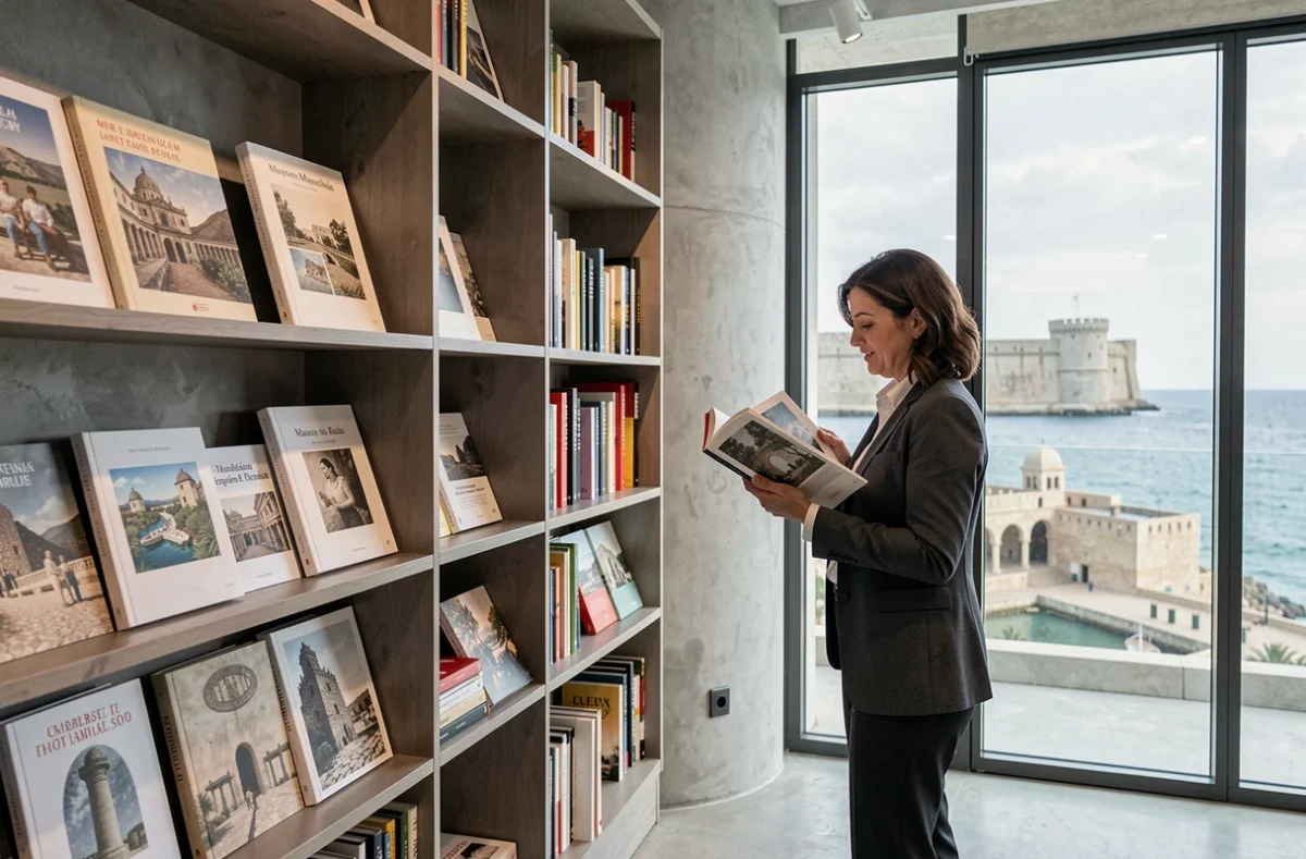 La librairie du Mucem à Marseille spécialisée en art et Méditerranée avec vue sur la mer depuis une grande baie vitrée