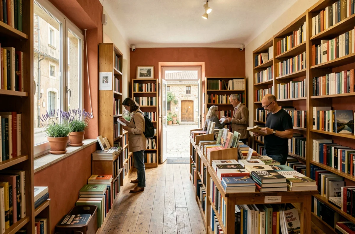Intérieur d'une librairie indépendante en Provence avec des étagères en bois remplies de livres et une atmosphère chaleureuse