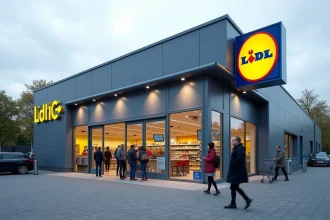 Façade modernisée d'un magasin Lidl avec nouveaux panneaux vitrés et signalétique jaune mise à jour, clients entrant et sortant en 2026