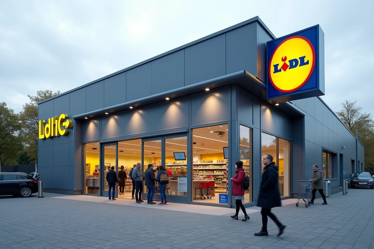 Façade modernisée d'un magasin Lidl avec nouveaux panneaux vitrés et signalétique jaune mise à jour, clients entrant et sortant en 2026