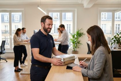 Livreur de plateaux-repas déposant une commande à la réception d'un bureau parisien moderne