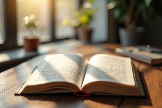 Livre de droit ouvert sur bureau en lumière naturelle