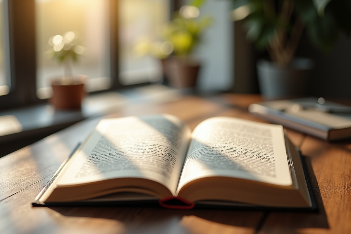 Livre de droit ouvert sur bureau en lumière naturelle