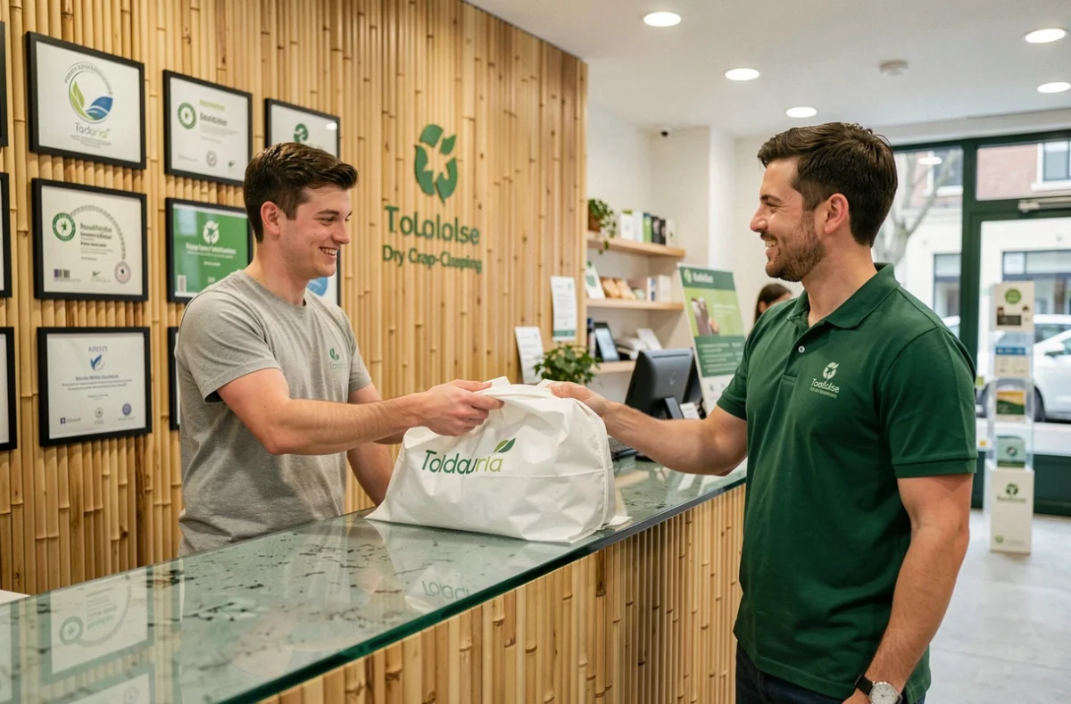 Client déposant un sac de vêtements réutilisable au comptoir de LM Éco Pressing à Toulouse