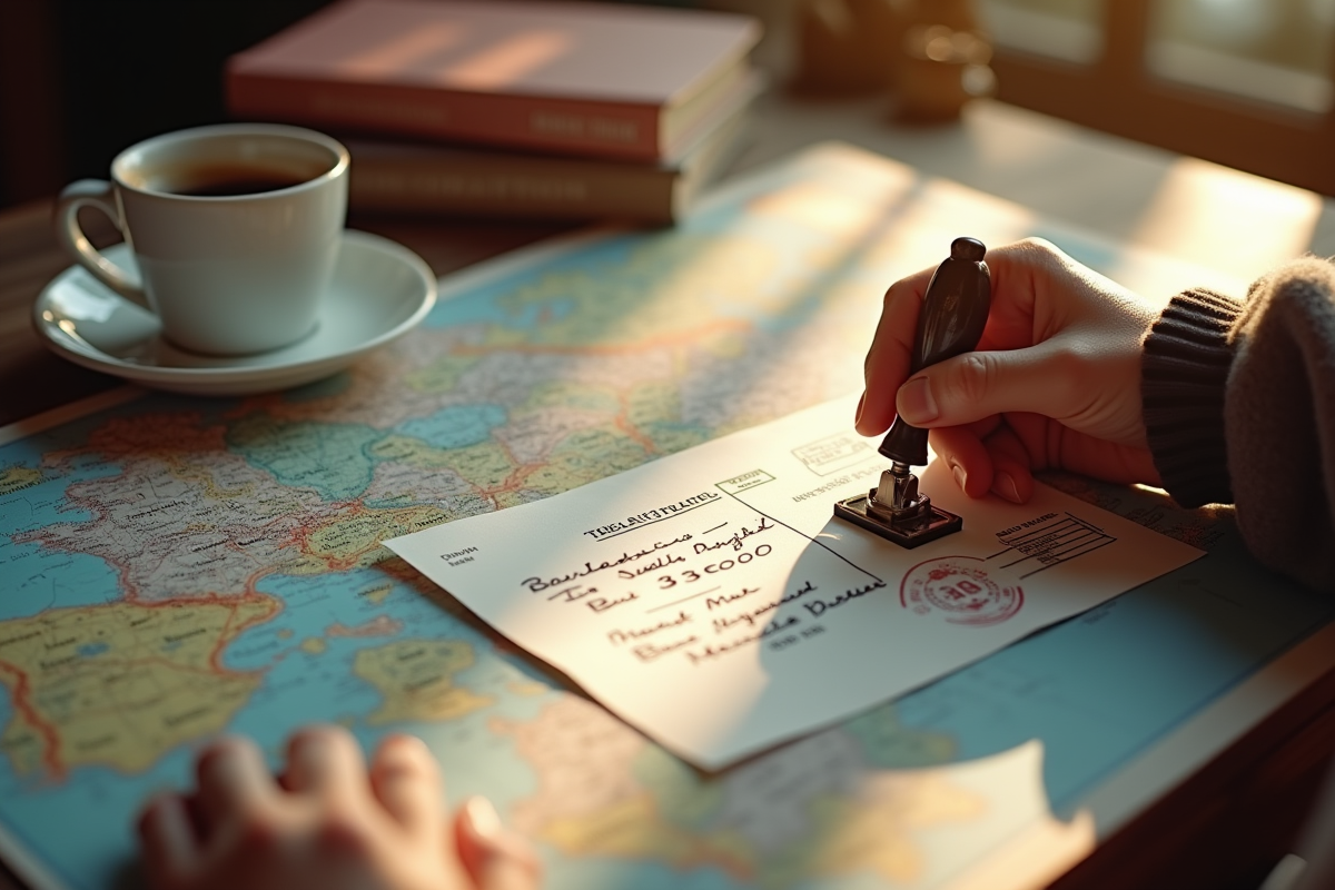 Main apposant un timbre sur une carte postale Bordeaux