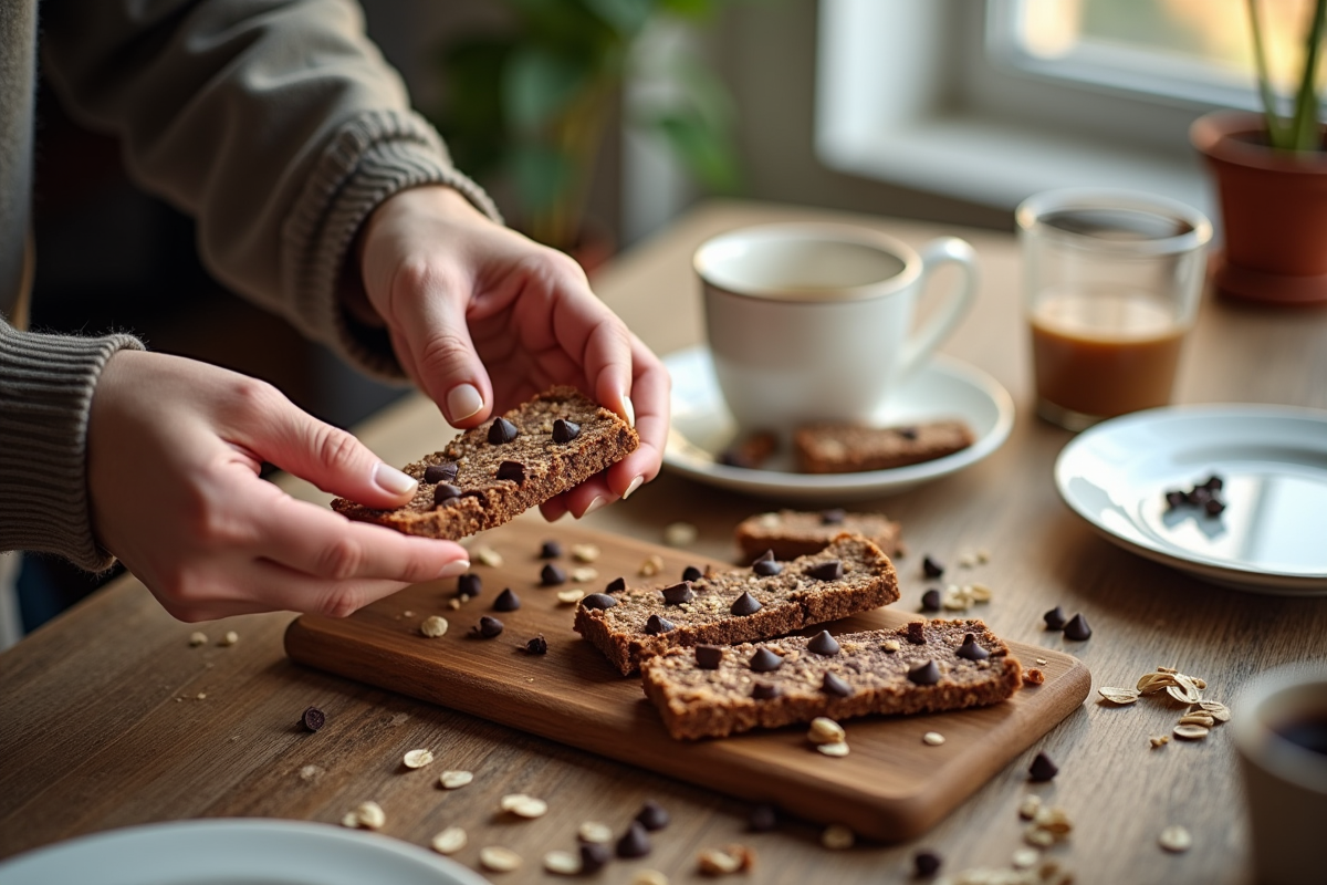 Mains cassant une barre de protéine aux flocons d