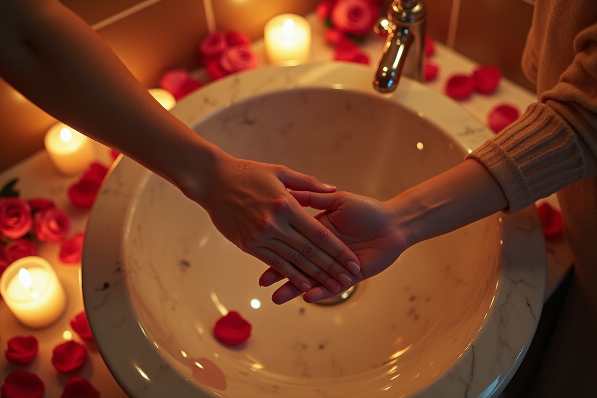 Mains d un couple touchant doucement au-dessus d un lavabo en marbre