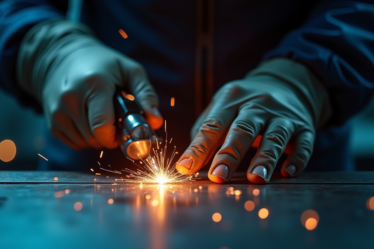 Gants et torche de soudure en gros plan sur métal brillant